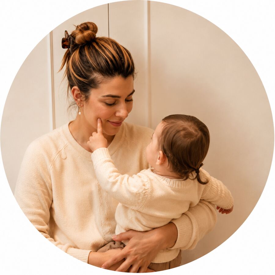Melanie, founder of ama., holding her daughter